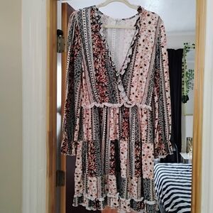 Boho Dress, Size: L, Tan/Black/Brown